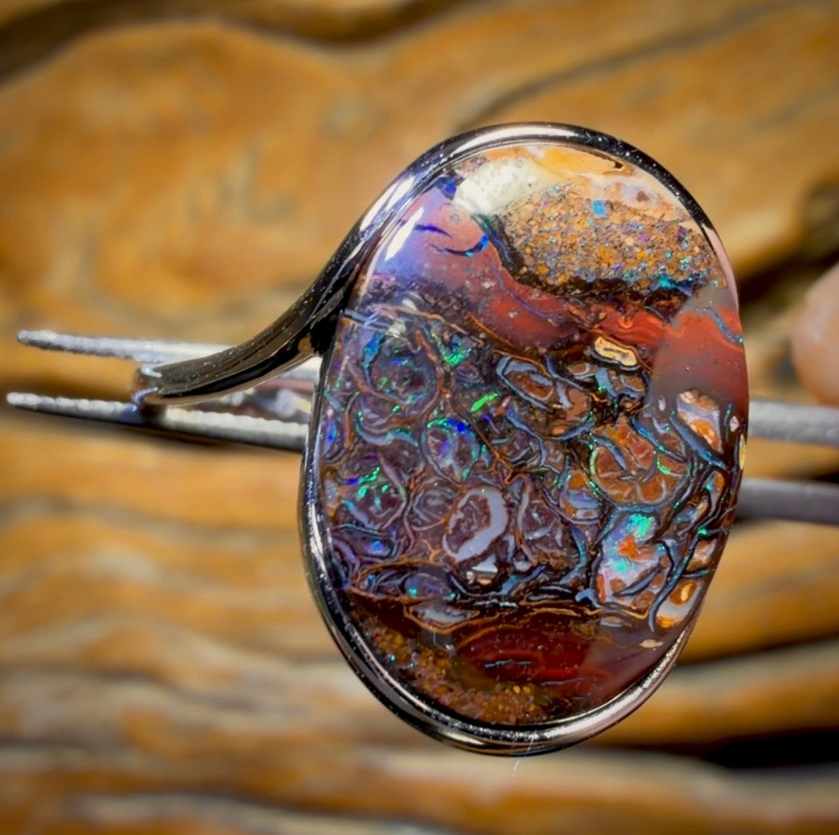 Sterling Silver - Solid Tribal Boulder Opal Ring