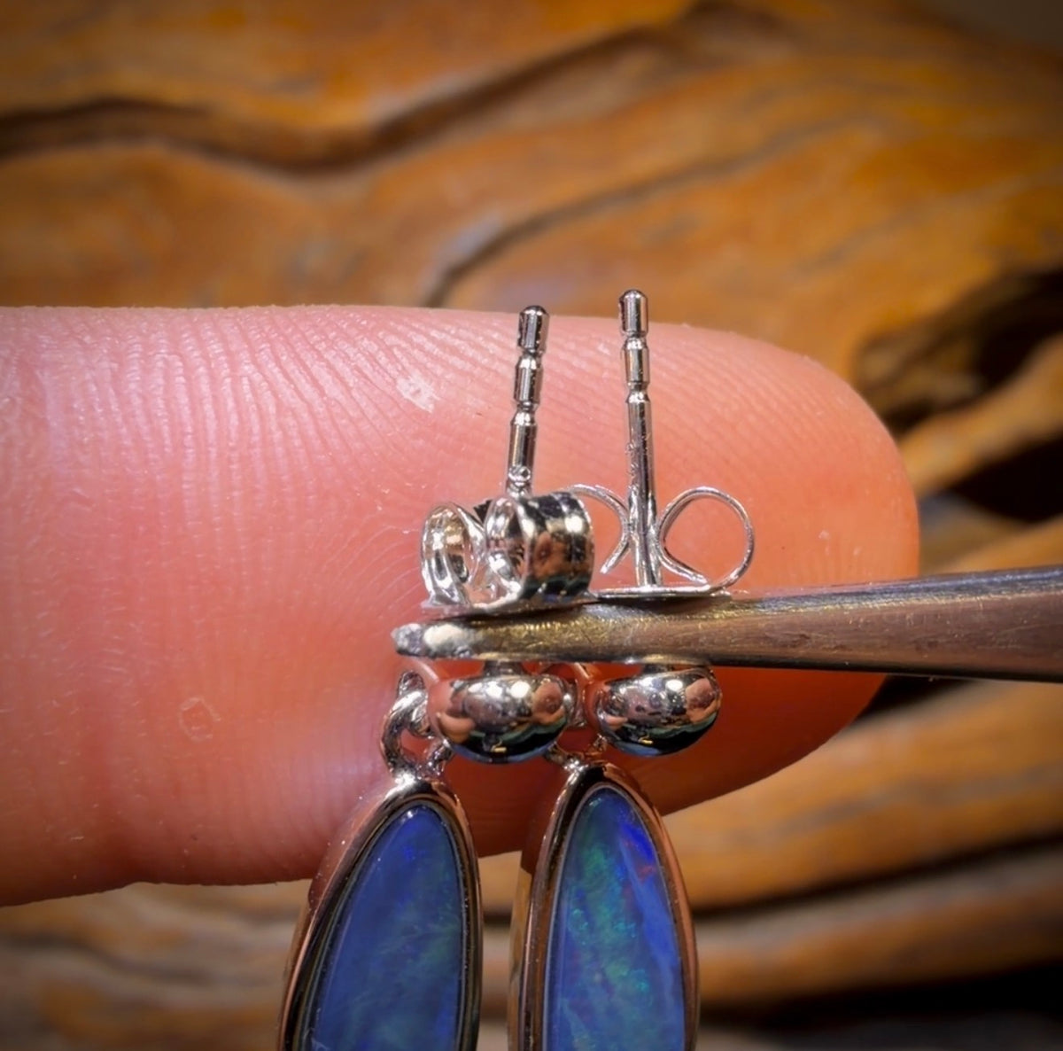 Sterling Silver - Australian Boulder Opal Doublet Drop Stud Earrings