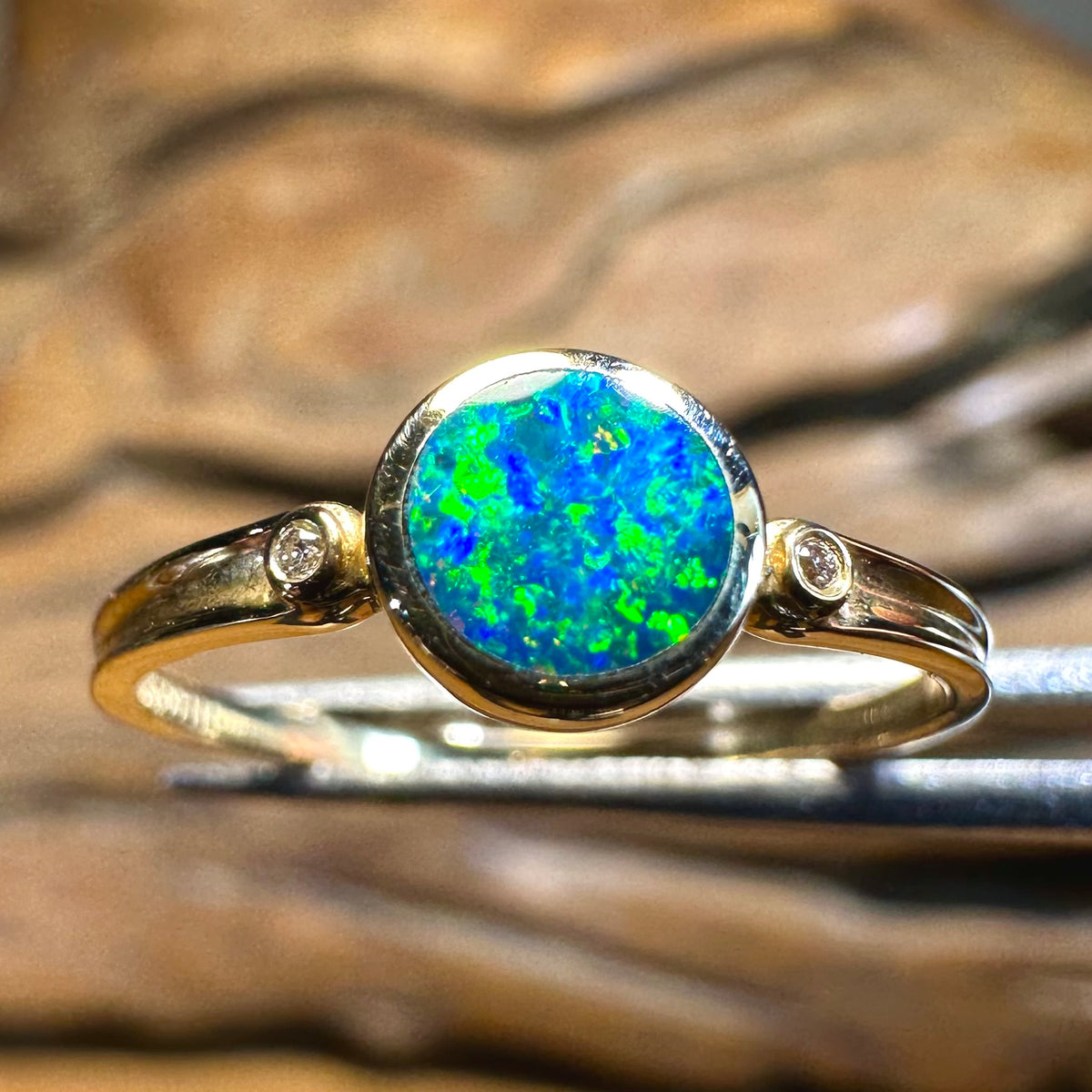 14k Gold Boulder Doublet Opal Ring with Diamonds - Opal Whisperers