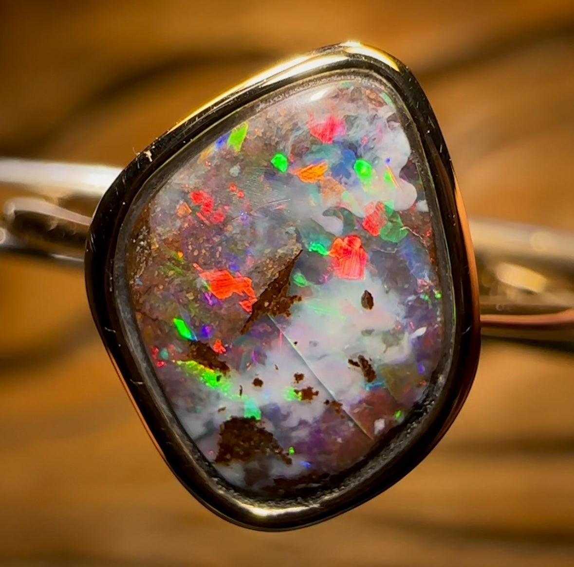 14k Gold - Solid Queensland Boulder Opal Ring With Red Fire