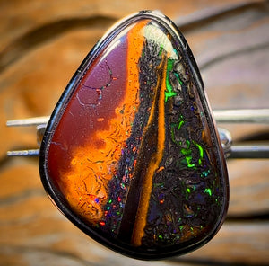 Landscape MUMMY Sterling Silver - Solid Tribal Boulder Opal Picture Stone Ring with Electric Colours