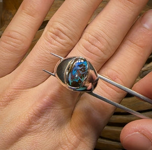 Silver Solid Tribal Queensland Boulder Australian Opal Ring - Opal Whisperers