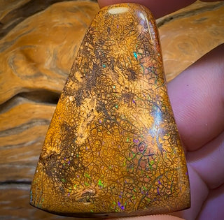 282,5 ct – Aufwendig gearbeiteter, hellbrauner Boulder-Opal aus Queensland (Tribal-Stil). Poliertes Exemplar.