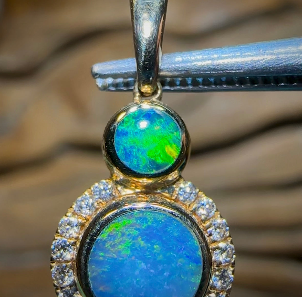 14k Gold - Australian Boulder Opal Doublet Pendant. Diamond Inlay Style - Opal Whisperers