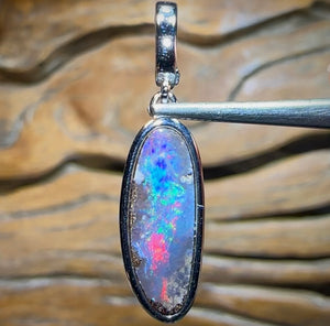 Sterling Silver - SOLID Australian Boulder Opal Pendant. Reds and Purple