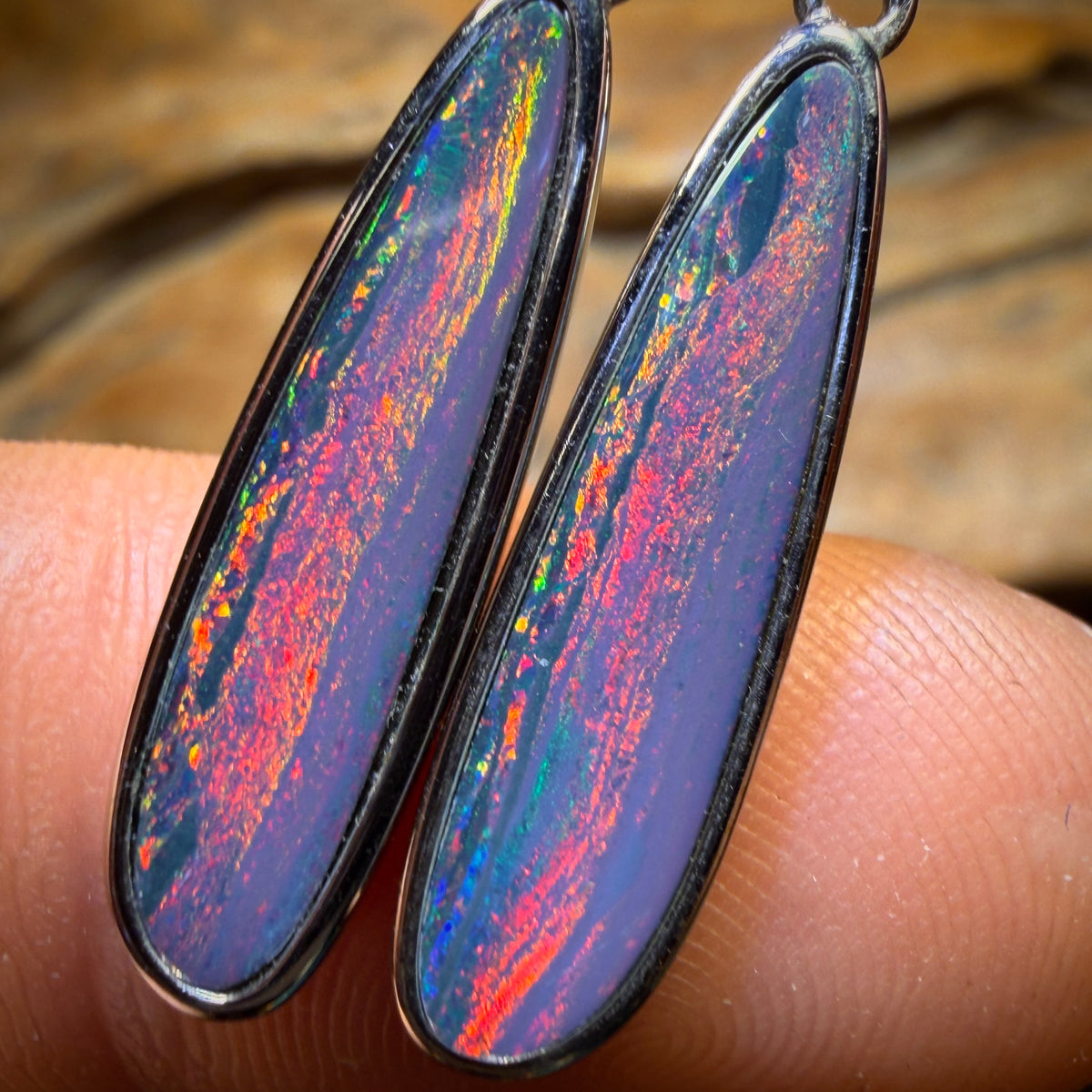 Sterling Silver - Australian Boulder Opal Doublet Drop Stud Earrings. Best Big Red Multicolour