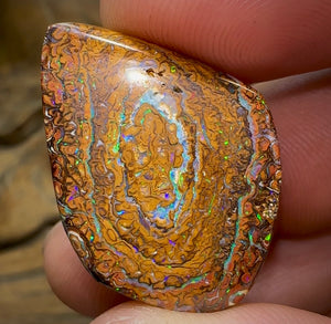 31.3cts - Double Sided Yowah Nut Opal Specimen. Orange Tribal Pattern