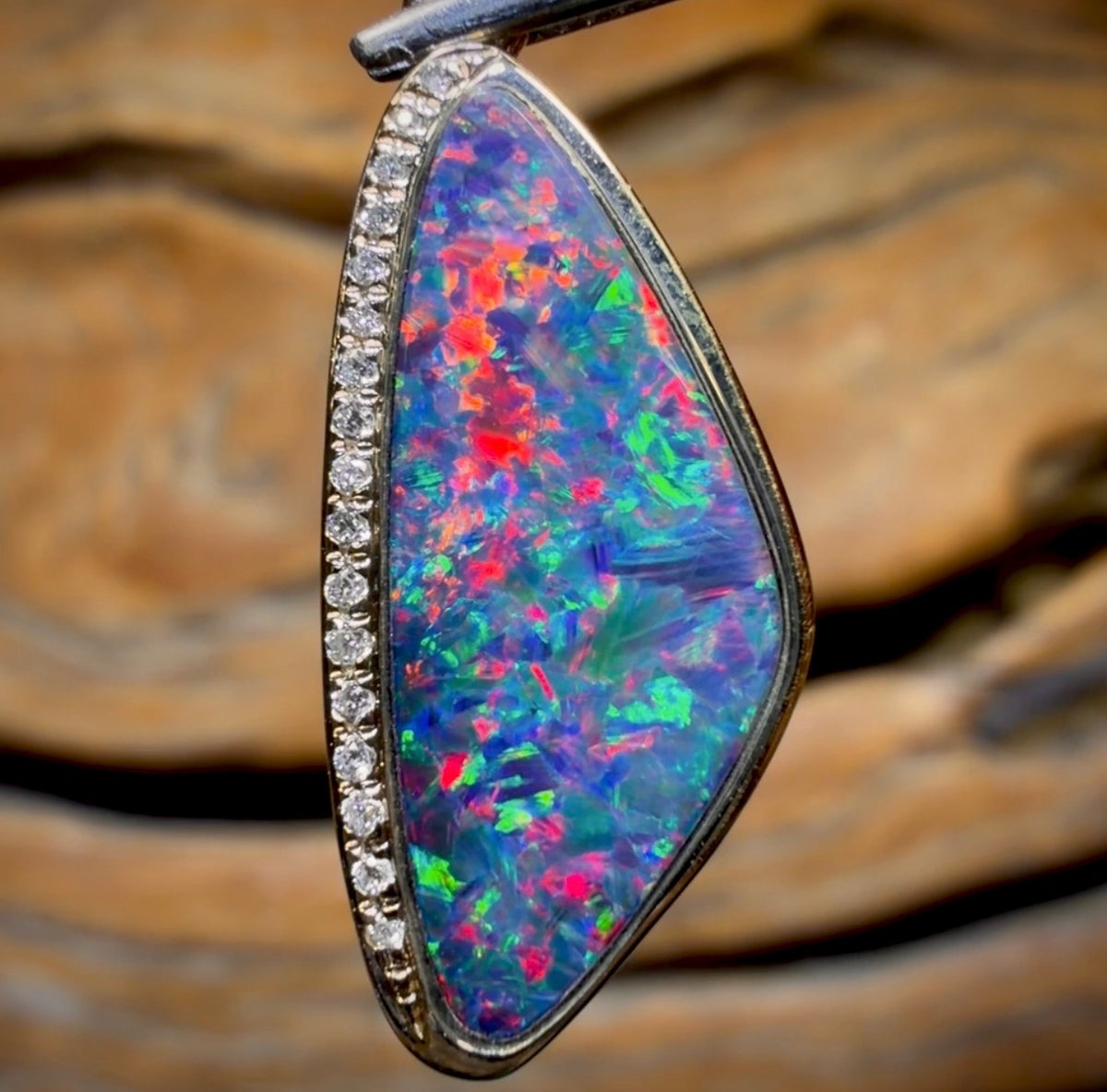 14k Gold - Queensland Boulder Opal Doublet Pendant Top Red Multi Fire with Diamonds New 2026
