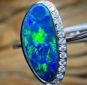 14k White Gold - Queensland Boulder Opal Doublet Ring with Diamonds - Opal Whisperers