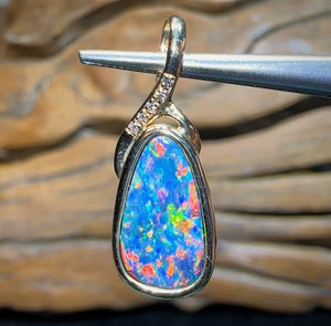 14k Yellow Gold and Diamond - Top Quality Boulder Doublet Opal Pendant - Opal Whisperers