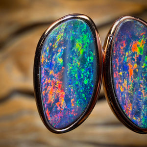 Top Top Red Multi Fire Sterling Silver Rose Gold Plated - Australian Boulder Opal Doublet Stud Earrings. Top Multicolours