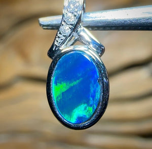 14k White Gold - Queensland Boulder Doublet Opal Diamond Pendant - Opal Whisperers