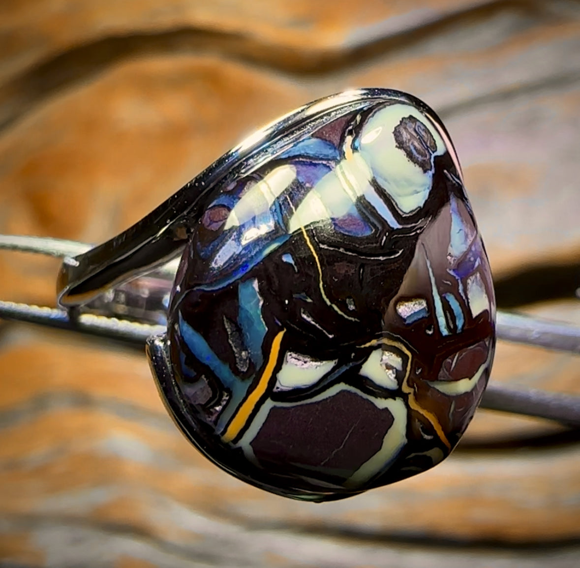 YUMMY MUMMY Sterling Silver - Solid Top Tribal Boulder Opal Ring Swept Shank Design