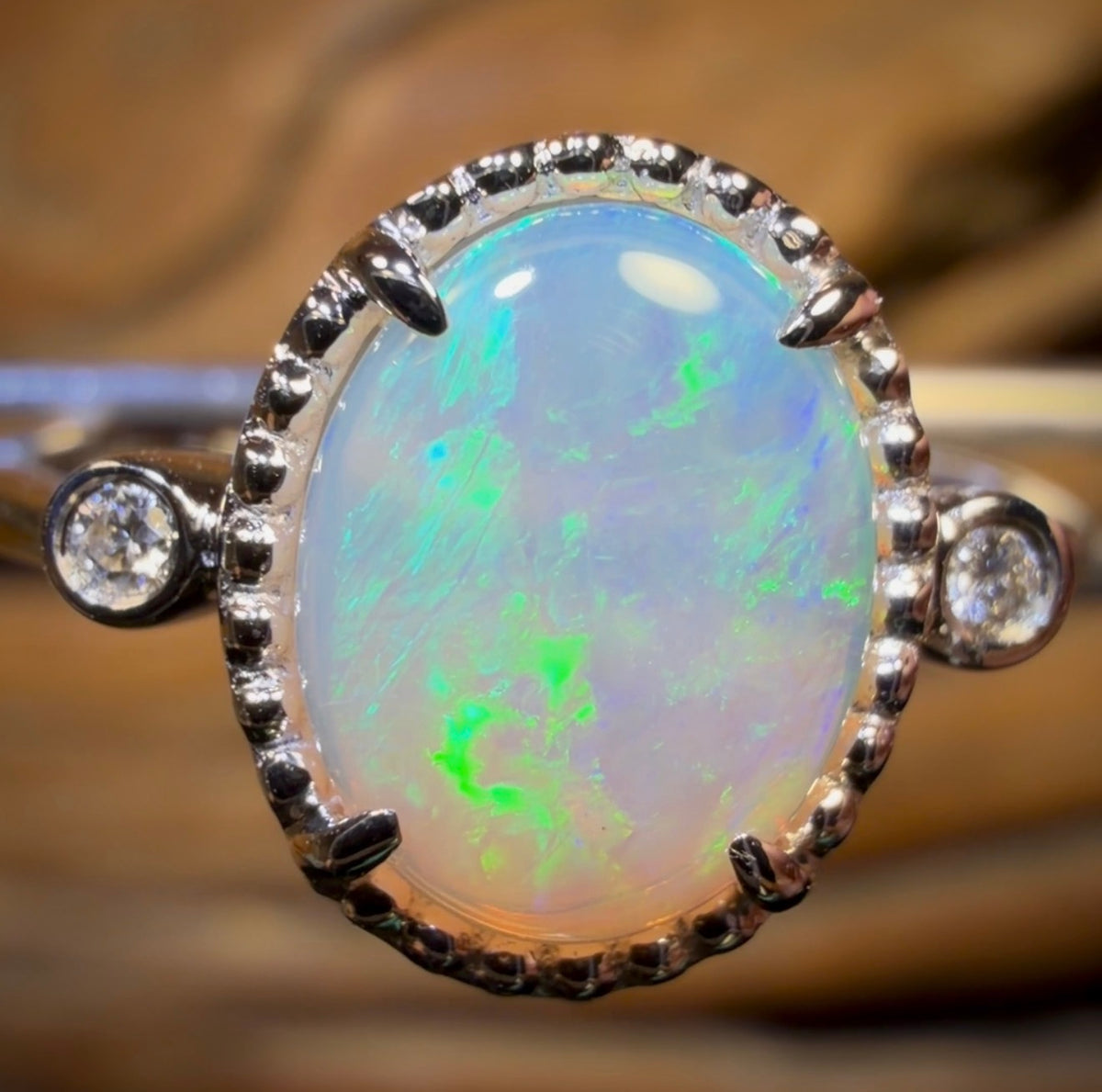 14k White Gold - Solid South Australian Crystal Opal Ring