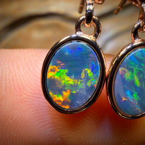 Sterling Silver Rose Gold Plated - Australian Boulder Opal Doublet Drop Stud Earrings