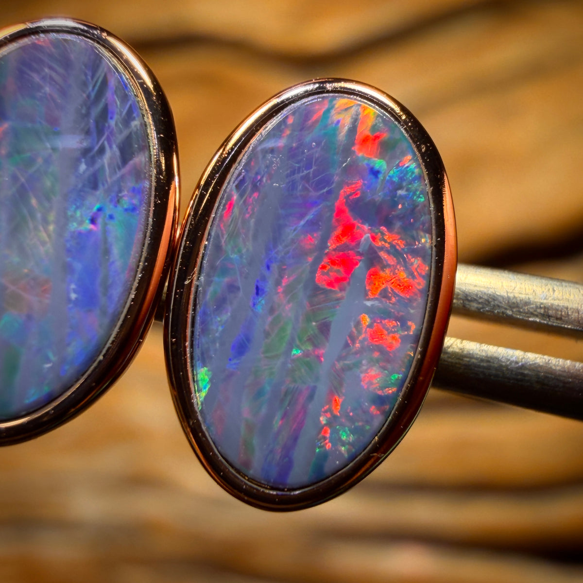 Sterling Silver Rose Gold Plated - Australian Boulder Opal Doublet Stud Earrings. Top Red Fire