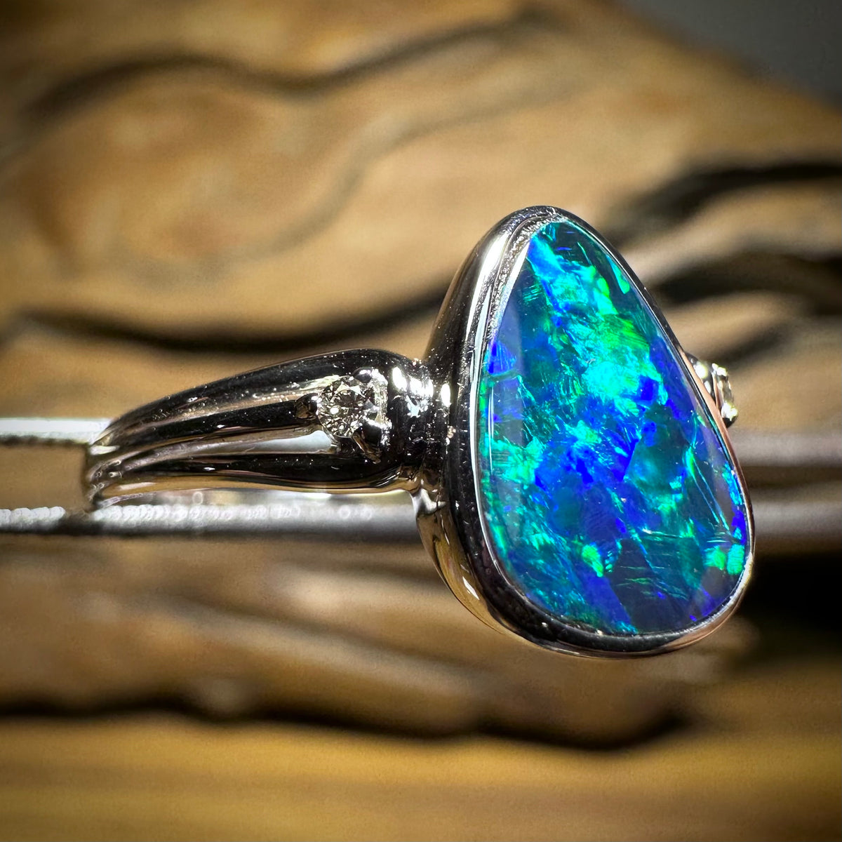 14k W.Gold-Highest Quality Opal doublet Diamonds Ring - Opal Whisperers