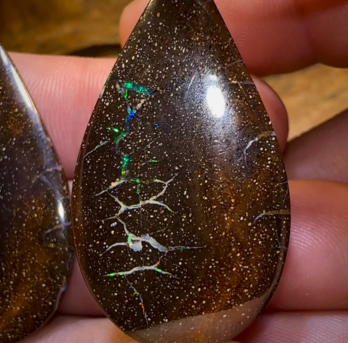 43.4cts - “Opal Web Tear Drops” Australian Boulder Opal Pair - Opal Whisperers