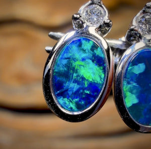 14k White Gold - Queensland Boulder Doublet Earrings Top Electric Blue/ Green with Diamonds New 2026