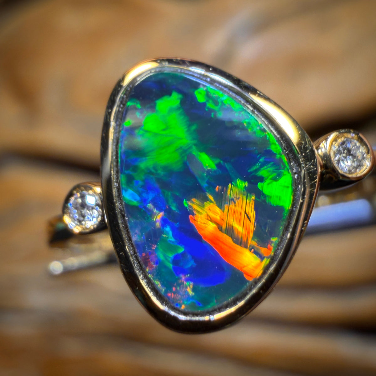 14k Gold - Rainbow Magic Queensland Boulder Opal Doublet Ring Top Multicolour