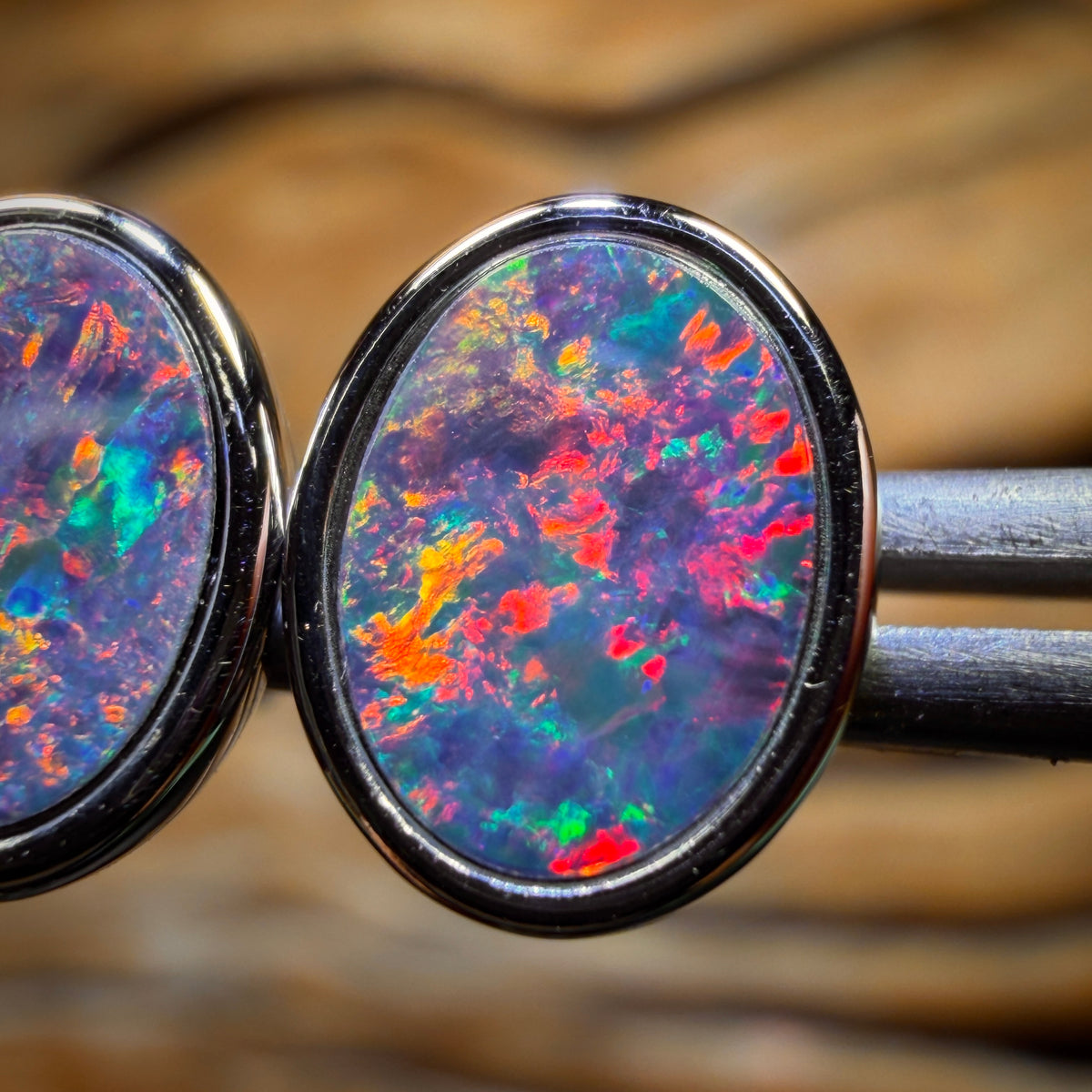 Sterling Silver - Australian Boulder Opal Doublet Stud Earrings. Best Red Earrings