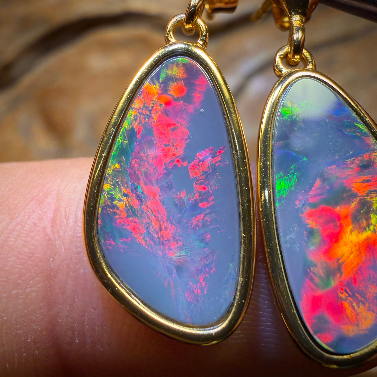 “Big Reds” Sterling Silver Gold Plated - Australian Boulder Opal Doublet Drop Stud Earrings