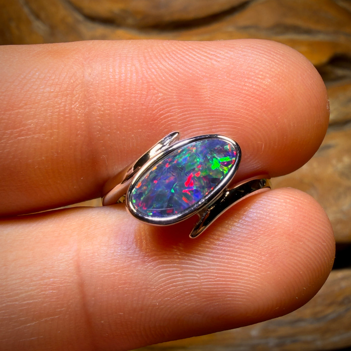 Sterling Silver - Queensland Boulder Opal Doublet Ring Top Top Red Multi