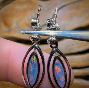 Sterling Silver - Australian Boulder Opal Doublet Drop Stud Earrings