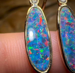 14k Gold - Australian Boulder Opal Doublet and Diamond Hook Earrings - Opal Whisperers