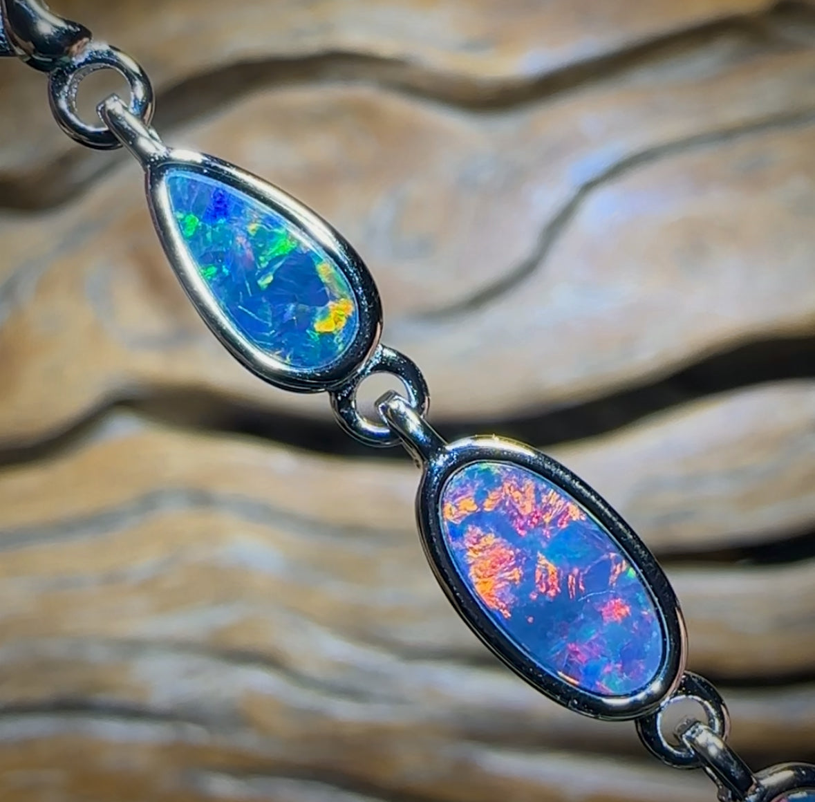 Sterling Silver - Australian Boulder Doublet Opal Bracelet Top Red Orange Multi Colour
