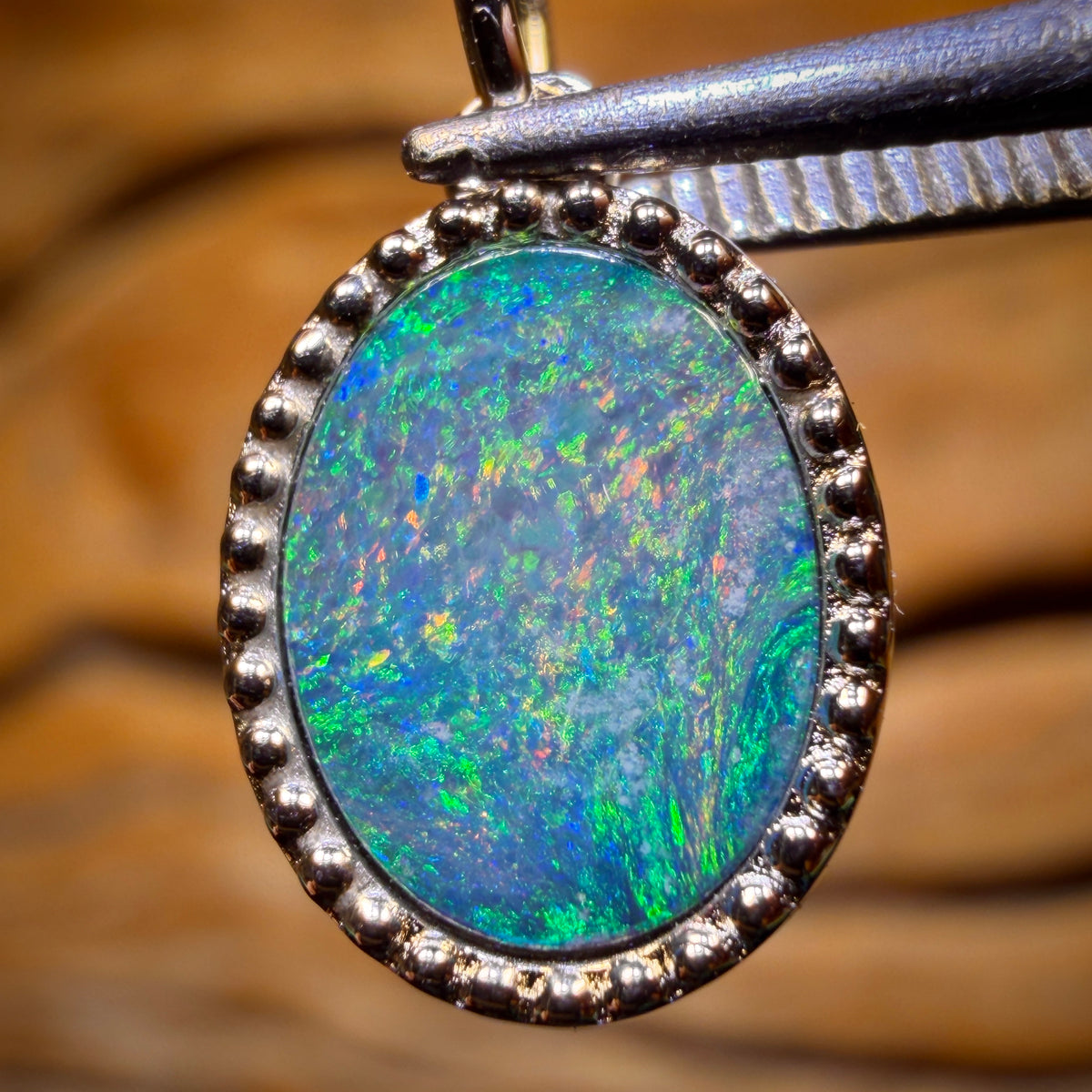 Sterling Silver - Queensland Boulder Opal Doublet Pendant. NEW Antique Style Beaded Design