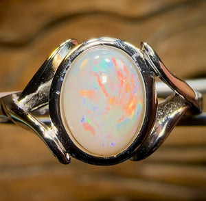 Sterling Silver - South Australian Crystal Opal Ring with Red Multi Fire