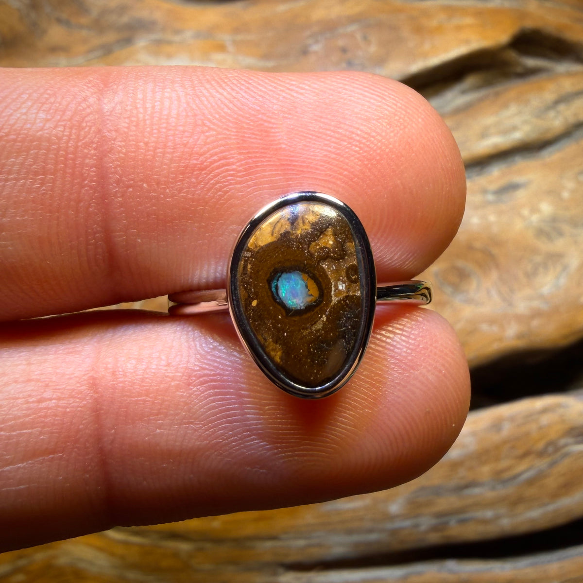 Sterling Silver - Solid Queensland Boulder Opal Crystal Center Ring