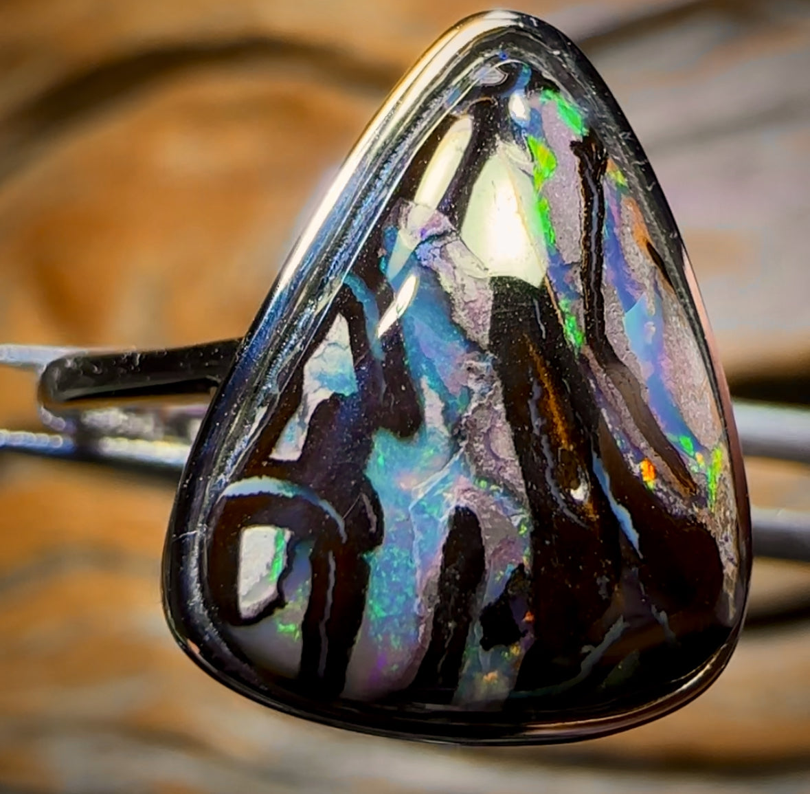HOT MUMMY Sterling Silver Hand Made- Solid Queensland Boulder Opal Ring With Tribal Magic