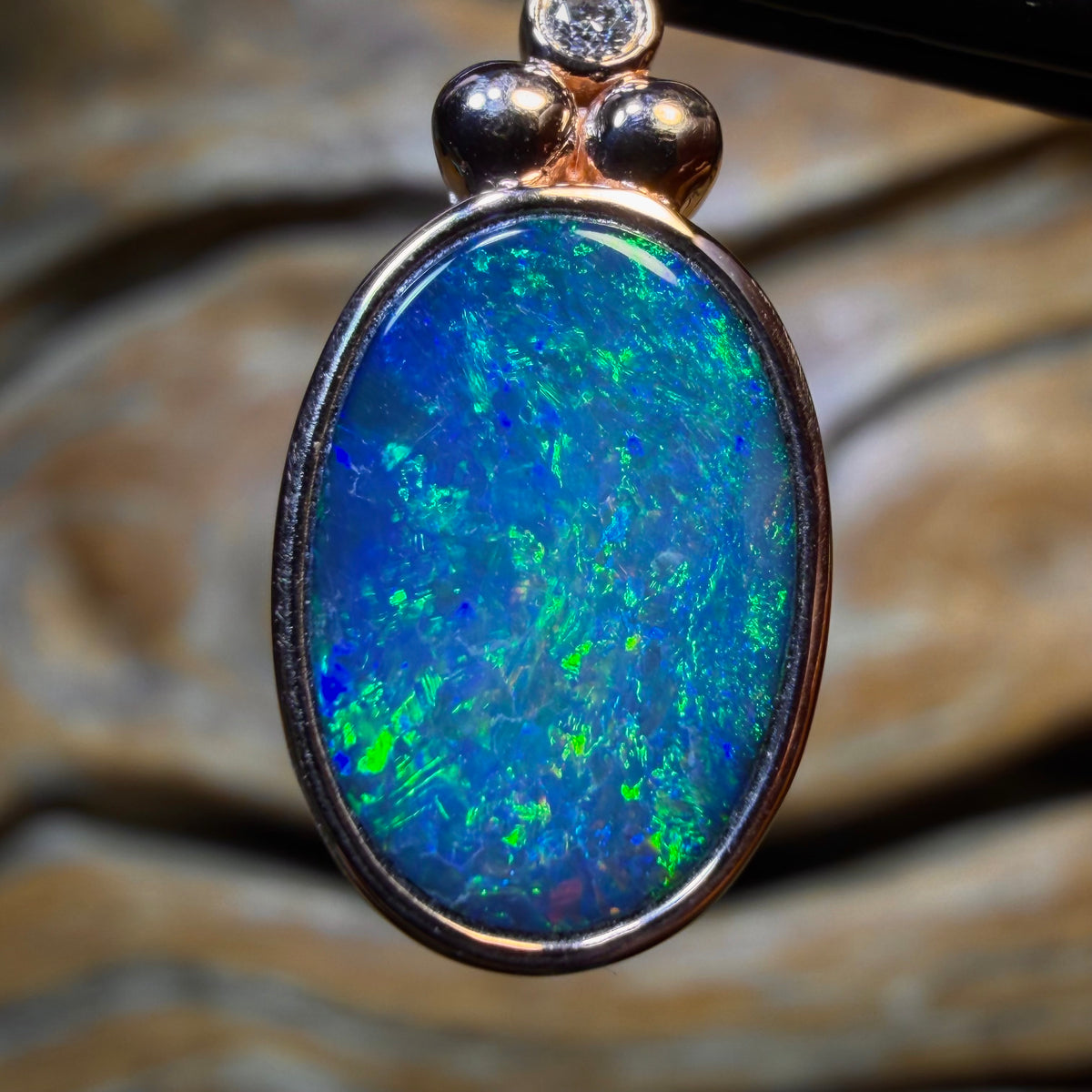 10k Rose Gold - NEW Isaac Design Lightning Ridge Opal Doublet Diamond Pendant