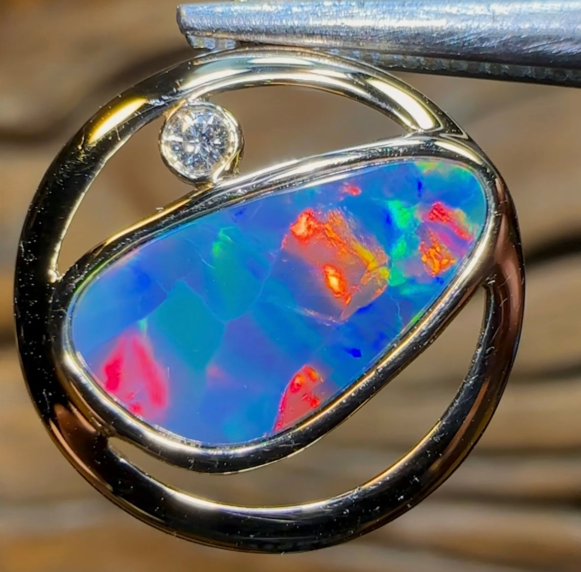 14k Gold - Queensland Boulder Doublet Opal Pendant with Diamond - Opal Whisperers
