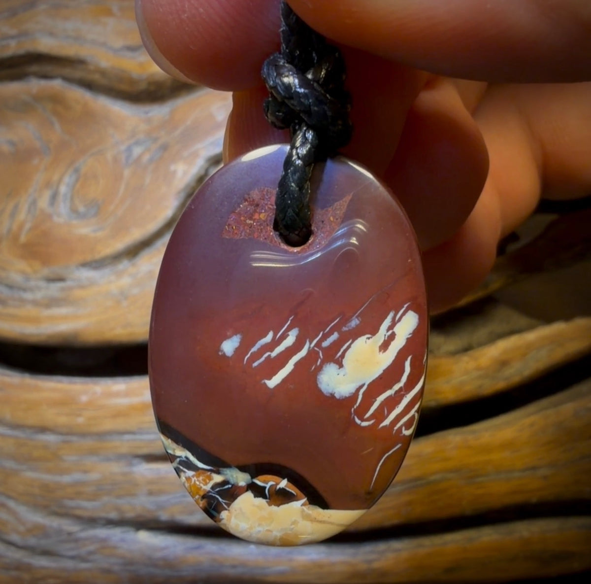 33 x 23mm - Tribal Flames Drilled Boulder Opal Pendant w/ Eco Friendly Vegan Cord