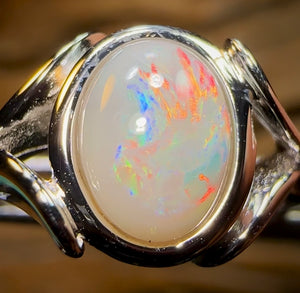 Sterling Silver - South Australian Crystal Opal Ring with Red Multi Fire