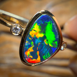 14k Gold - Rainbow Magic Queensland Boulder Opal Doublet Ring Top Multicolour