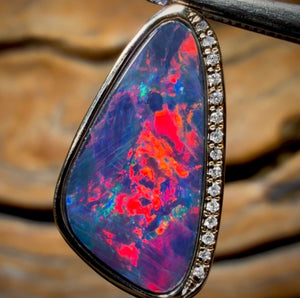 14k Gold - Queensland Boulder Opal Doublet Pendant Best Red Broad  Flash with Diamonds New 2026