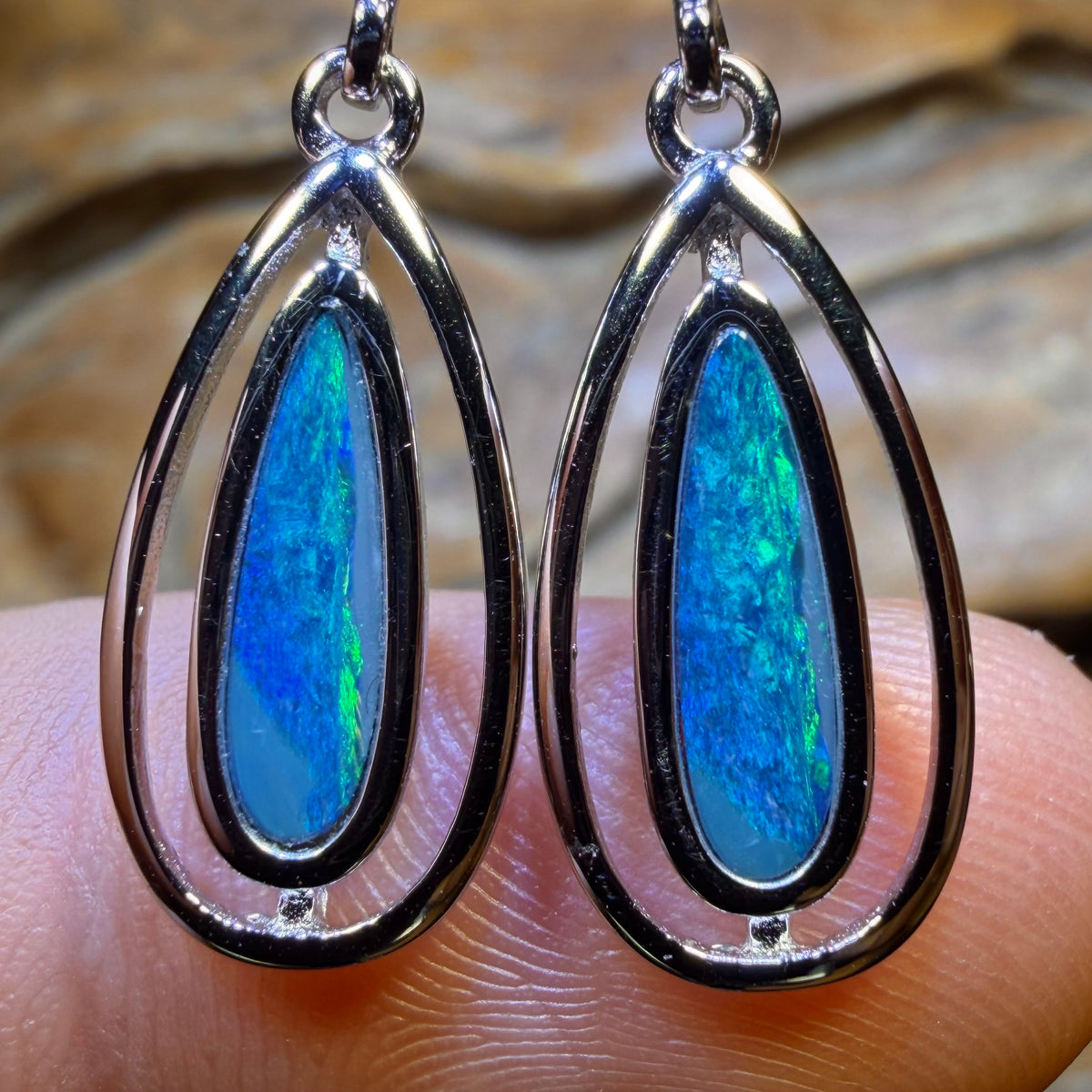 Sterling Silver - Australian Boulder Opal Doublet Drop Stud Earrings