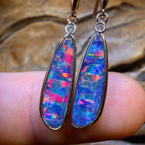 TGIF 14k Gold - “As Good As It Gets” Top Red Multi Australian Boulder Opal Doublet and Diamond Hook Earrings