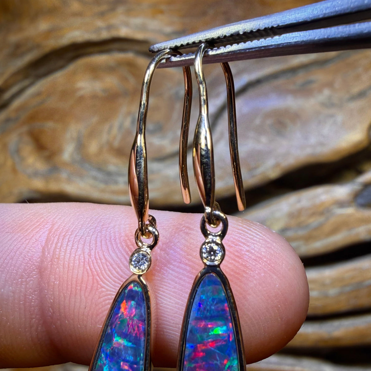 TGIF 14k Gold - “As Good As It Gets” Top Red Multi Australian Boulder Opal Doublet and Diamond Hook Earrings