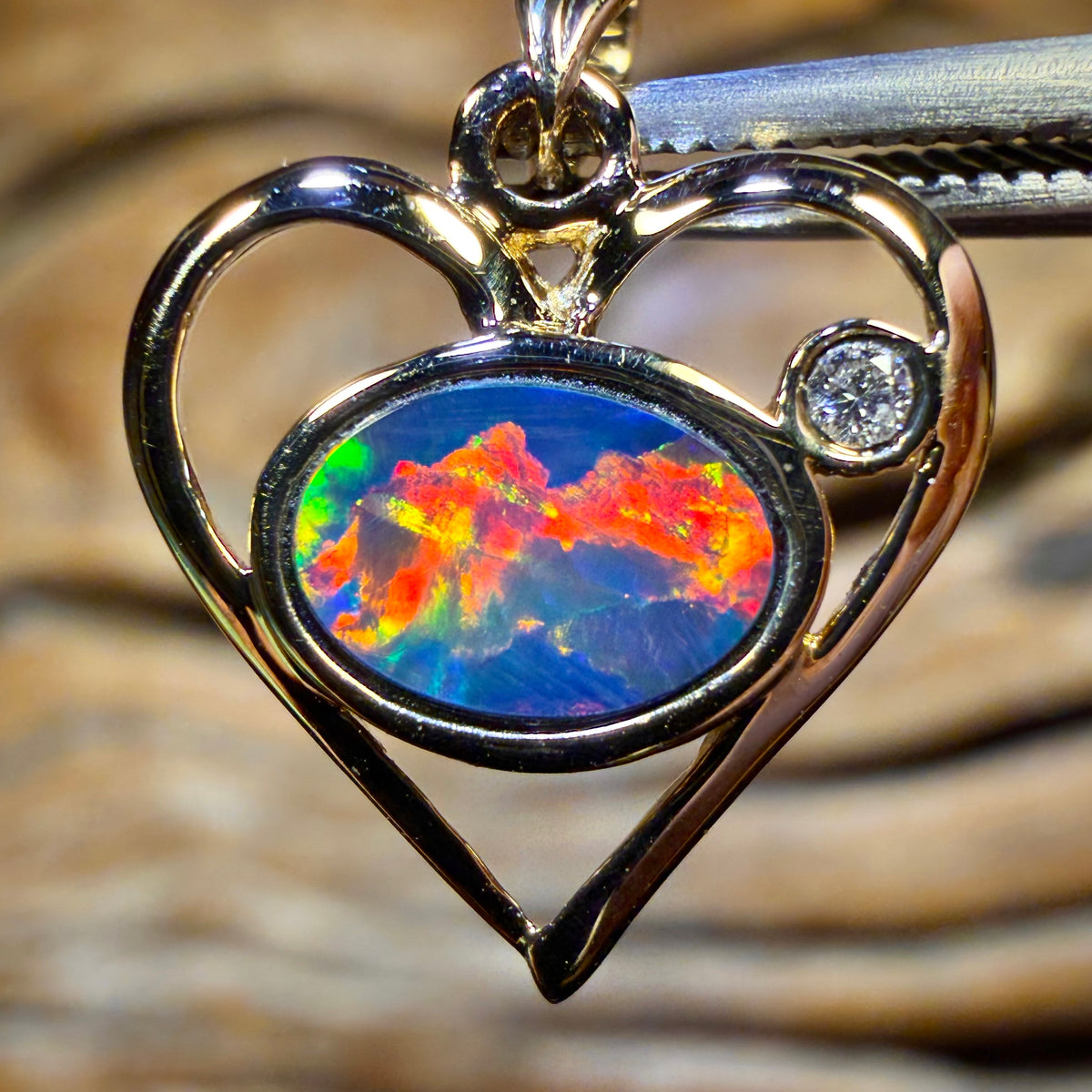 TGIF 14k Gold - “Sweetheart” Queensland Boulder Opal Doublet and Diamond Pendant Fire Red