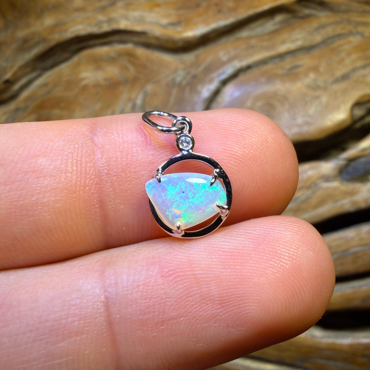 TGIF 14k White Gold - Solid South Australian Crystal Opal Pendant With Diamond