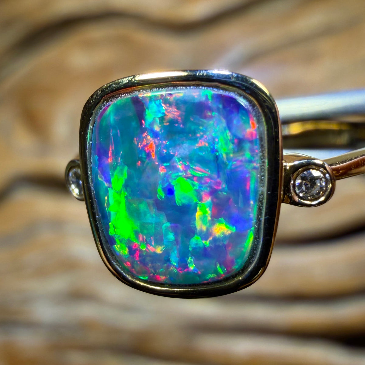 TGIF 10k Gold - Rainbow Magic Queensland Boulder Opal Doublet & Diamond Ring Top Multicolour