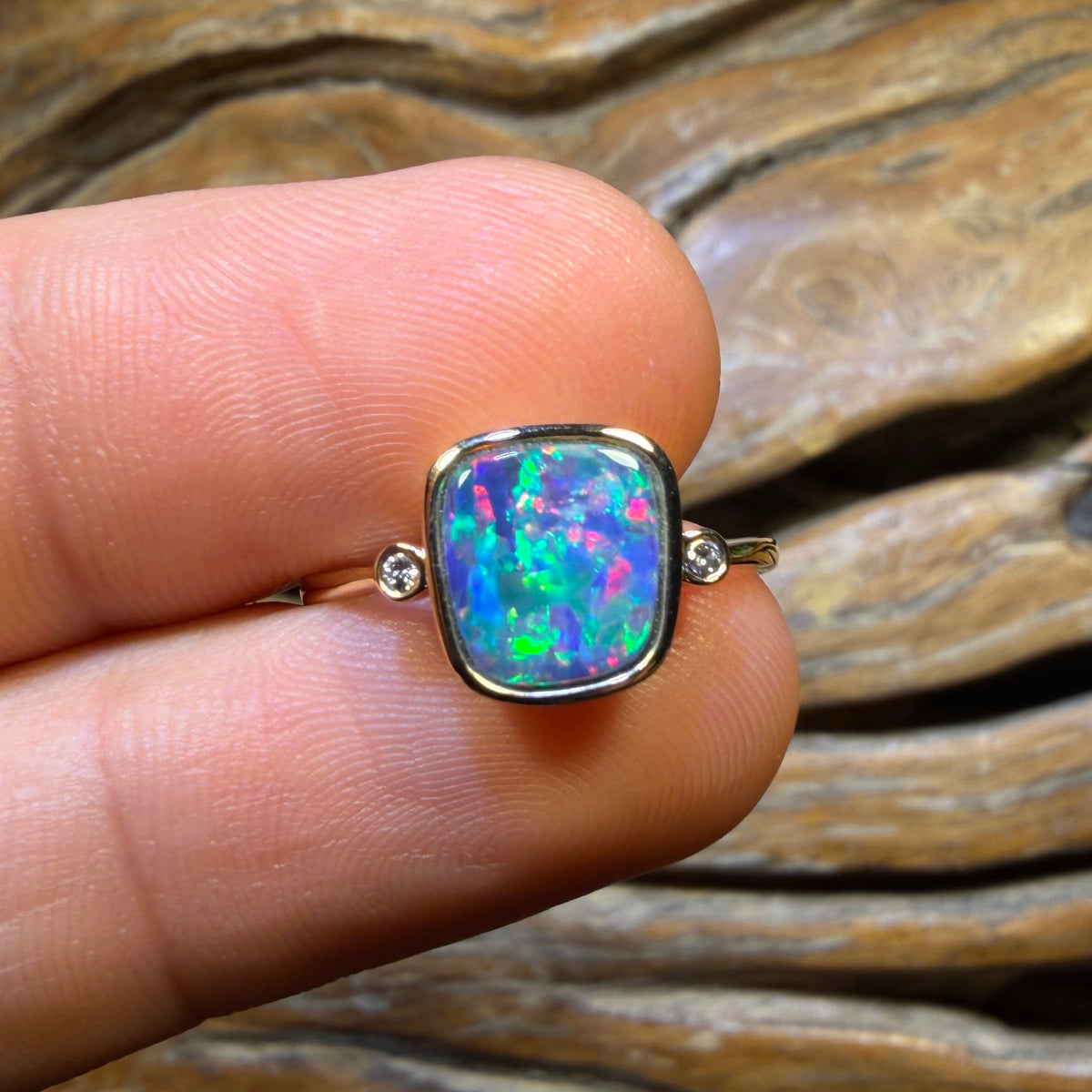 TGIF 10k Gold - Rainbow Magic Queensland Boulder Opal Doublet & Diamond Ring Top Multicolour