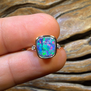 TGIF 10k Gold - Rainbow Magic Queensland Boulder Opal Doublet & Diamond Ring Top Multicolour
