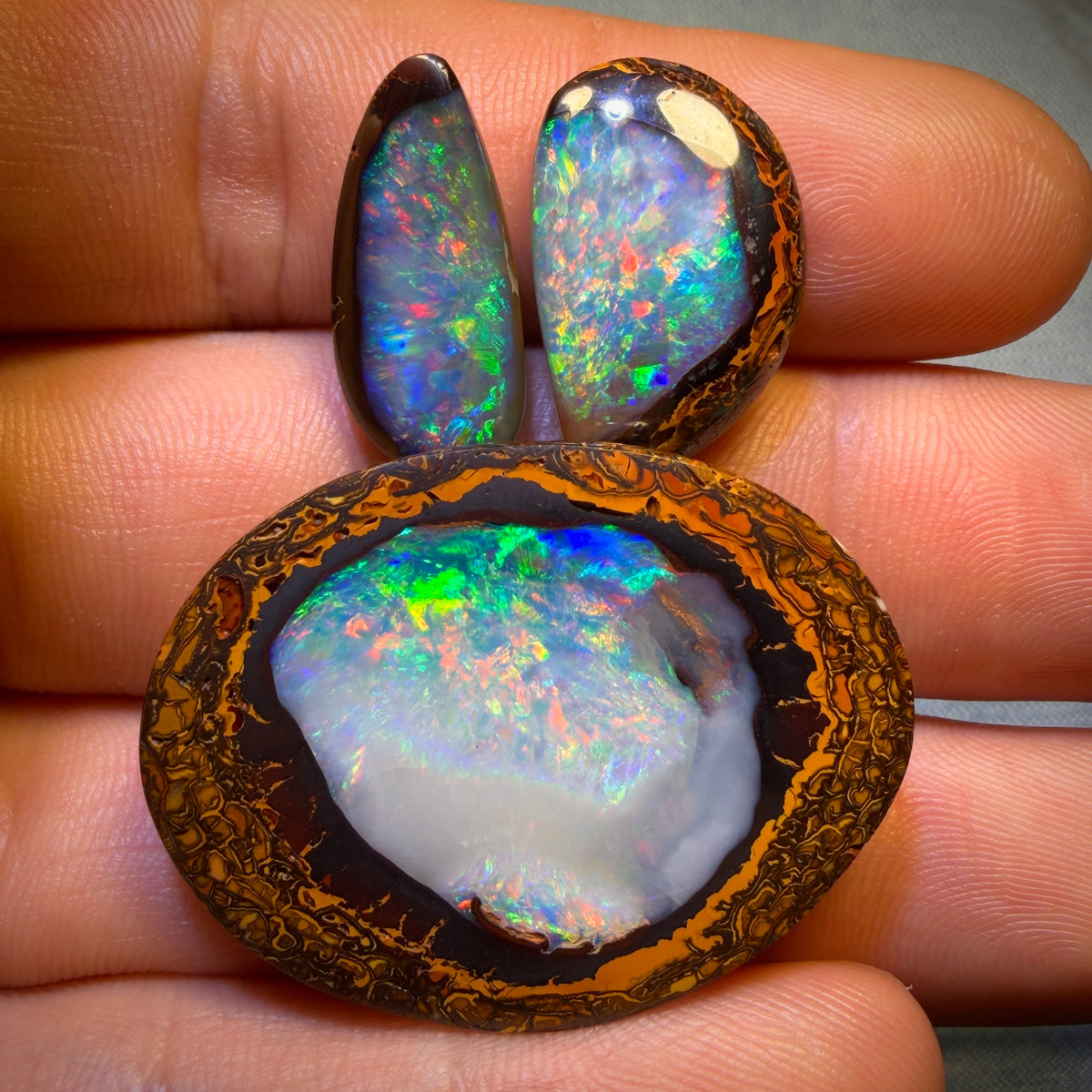 Opal Whisperer’s SET IN STONE INVESTMENT - 105.2cts - TOP Yowah Nut Crystal Centre Opal Trio. Featured on “Outback Opal Hunters”!