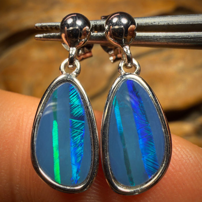Sterling Silver - Australian Boulder Opal Doublet Drop Stud Earrings